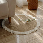 Load image into Gallery viewer, Handwoven Jute &amp; Rattan Round Rug with Tassels – Eco-Friendly &amp; Stylish
