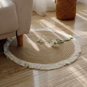 Handwoven Jute & Rattan Round Rug with Tassels – Eco-Friendly & Stylish